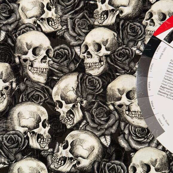 Grayscale Skulls & Roses Cotton Fabric - 7/8 Yard - Halloween - Picture 5 of 6